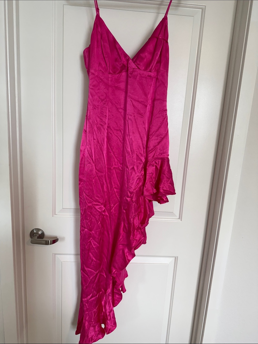 Bardot Fuchsia Satin Asymmetrical Ruffle Midi Dress